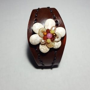 Leather Flower Cuff with Semi-precious stones